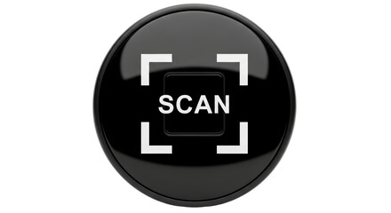 Isolated round glossy black button with scan icon symbol for scanner applications or interfaces