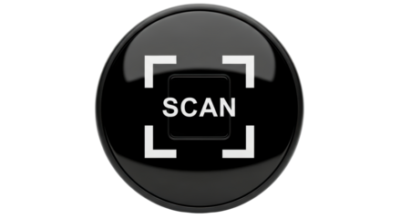 Isolated round glossy black button with scan icon symbol for scanner applications or interfaces