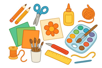 Art and craft supplies set for DIY projects. Vector illustration of creative tools like paint, brushes, scissors, pencils, paper, and glue for handmade hobbies and school.