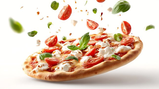 A vibrant pizza with fresh tomatoes mozzarella and basil leaves in mid air on a white background