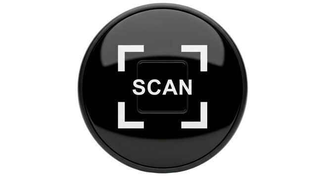 Isolated round glossy black button with scan icon symbol for scanner applications or interfaces