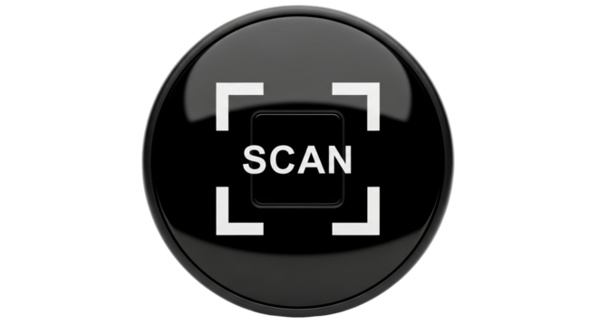 Isolated round glossy black button with scan icon symbol for scanner applications or interfaces