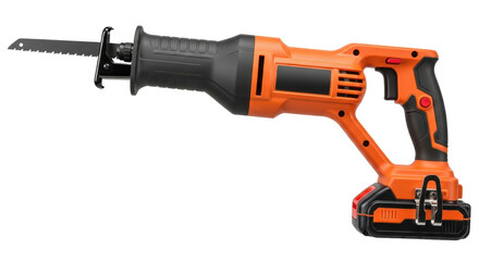 Isolated power reciprocating saw, orange, for building demolition and renovation projects