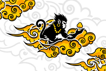 background template design for t-shirts, sports, racing, batik clouds, clouds, Sun Wukong, the monkey king, the story of Chinese mythological warriors eps 10