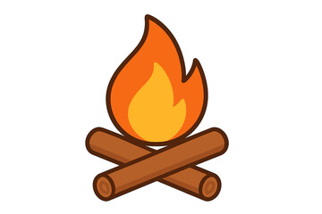 Campfire icon vector. Flame and wood logs cartoon symbol. Flat style bonfire graphic for camping, hiking, scout adventure. Outdoor recreation logo isolated on a white background.