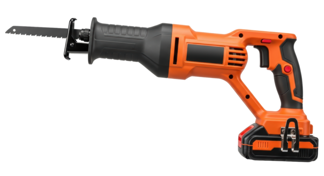 Isolated power reciprocating saw, orange, for building demolition and renovation projects