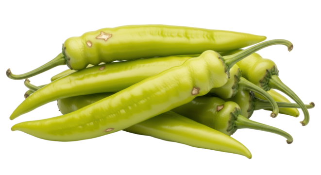 Isolated pile of Anaheim peppers, mild chili peppers, pale green, fresh garden harvest