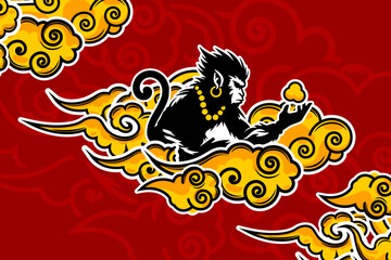 background template design for T-shirts, sports, racing, batik clouds, clouds, red with yellow clouds, Sun Wukong, the monkey king, the story of Chinese mythological warriors, eps 10