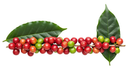 Isolated Coffee Cherries on Branch with Leaf