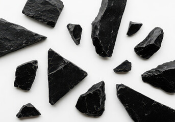 Scattered black obsidian rock fragments on a white background