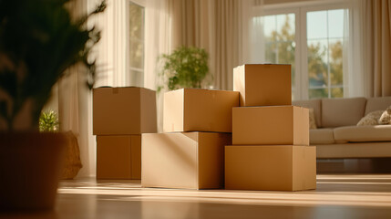 Medium shot of moving boxes stacked in new living room, sunlight filling space with golden glow, happy family unpacking.