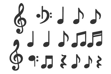 Music notes and symbols set. 3D black musical notation icons collection. Treble, bass, alto clef, rhythm signs for melody and harmony. Vector for music education, sound design.