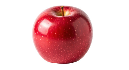 Isolated shiny ripe red apple fruit, fresh orchard harvest with stem, studio food still life