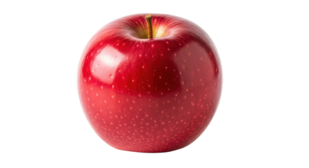 Isolated shiny ripe red apple fruit, fresh orchard harvest with stem, studio food still life