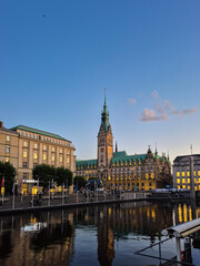 02.09.2025 Hamburg, Germany. the center of Hamburg at night in Germany, a rathaus and a square in the old town