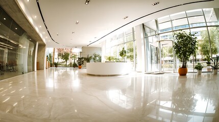 A spacious, modern lobby with glass windows and a sleek design, perfect for corporate or commercial use.
