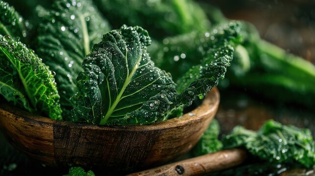 Fresh kale leaves with water droplets in a rustic wooden bowl, captured in dramatic light highlighting deep green color and crinkled texture.