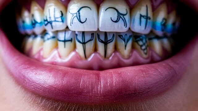 Woman showing her teeth decorated with black symbols and blue accents. Creative dental art and self-expression.