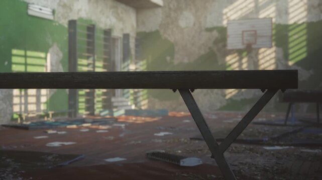 Dusty floor and deteriorating walls showcase the abandonment of a once active gymnasium. Sunlight filters through broken windows, revealing forgotten sports equipment and debris.