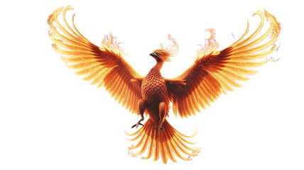 Fototapeta premium Majestic Phoenix Bird Rising with Flaming Wings Isolated on White Background, Mythical Fire Creature Symbolizing Rebirth and Hope