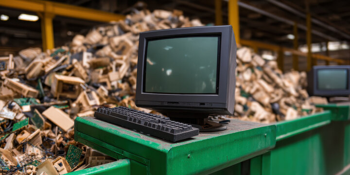 An old computer setup sits atop a green dumpster, surrounded by a large pile of electronic waste in a recycling facility.