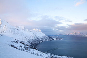 Allevamenti di salmoni a nord della Norvegia, a Sørstraumen. Fiordo Kvaenangen.