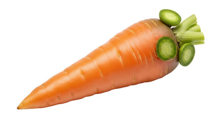 Isolated single organic carrot with green leaves and slices for food preparation, nutrition