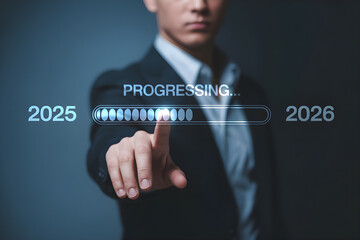 Futuristic Progress Bar Concept Showing Transition from 2025 to 2026 with Digital Interaction