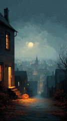 
Mysterious Halloween night in an old city alley with glowing jack-o’-lantern and full moon atmosphere