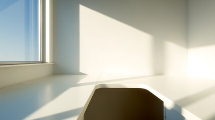 A sleek, modern office space with a large window and natural light, featuring a clean and minimalist design.