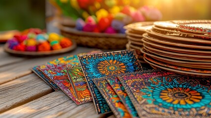 Vibrant Woven Coasters Stacked on a Rustic Wooden Table with Plates and Blurred Colorful Items