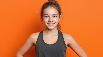 Obraz premium Smiling teenage girl with light brown hair tied back wearing sleeveless dark gray top standing against orange background, expressing happiness and confidence