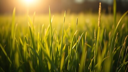 Field of spring grass under soft sunlight, evoking a serene natural atmosphere.