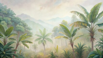 Lush dense tropical rainforest panorama sunlight filtering through palm trees and foliage