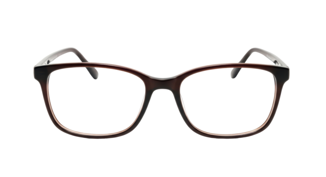 Isolated rectangular eyeglass frames with dark brown rim detail for fashion or vision care