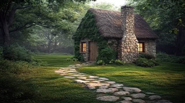 Stone cottage nestled in misty forest