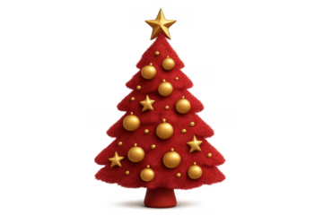 Red christmas tree with golden ornaments on transparent background