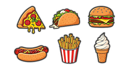 An array of colorful fast food icons including pizza taco burger hotdog fries and ice cream on transparent background
