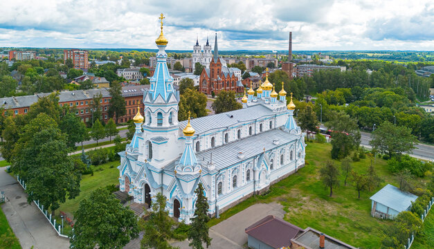 Aerial view of Saints Boris and Gleb Cathedral in Daugavpils, Latvia, which is the biggest orthodox church in Latvia located on Church Hill in the Jaunbūve neighbourhood