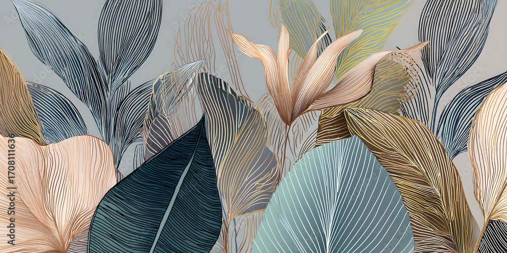 Poster botanical serenity: a sophisticated linear artwork featuring intricate leaf patterns in a serene pal