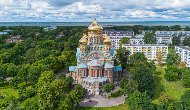 Aerial view of Saint Nicholas Naval Cathedral in Karosta, an ancient Soviet Navy neighborhood in the city of Liepāja, Latvia