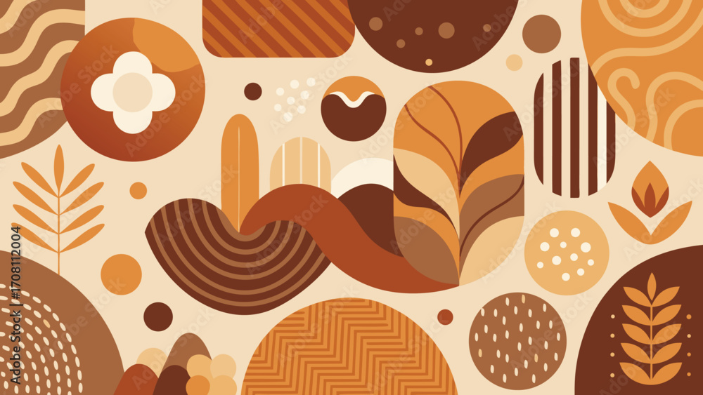 Poster Abstract botanical background with geometric shapes in earthy tones featuring leaves flowers and organic patterns perfect for graphic design projects