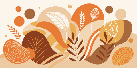 Abstract botanical vector illustration with earthy tones featuring decorative leaves and organic shapes promoting natural warmth and modern aesthetic design with autumnal feel