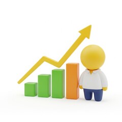 Animated 3d character and bar graph showing upward trend for business growth concept isolated on white background