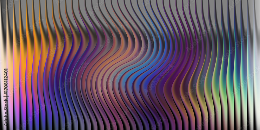 Poster abstract wavy metallic surface with iridescent colors and vertical lines