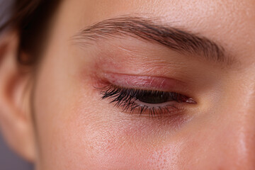 Close up view of red irritated skin on closed eye showing detailed texture and eyelashes, highlighting natural skin condition and subtle eyebrow hair