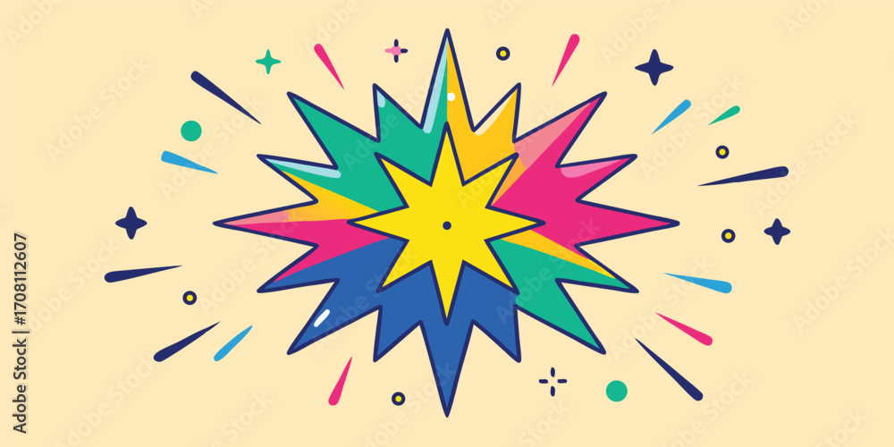 Poster abstract starburst shape design in retro style with lines and geometric elements against light yello