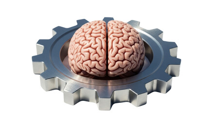 Isolated human brain inside cogwheel symbolizing intellectual mechanical engineering concept