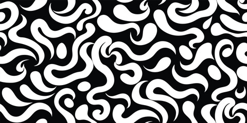 Abstract swirls pattern in black and white background modern seamless design fluid shapes curvy lines unique minimalist monochrome backdrop