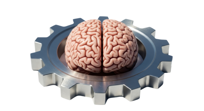 Isolated human brain inside cogwheel symbolizing intellectual mechanical engineering concept